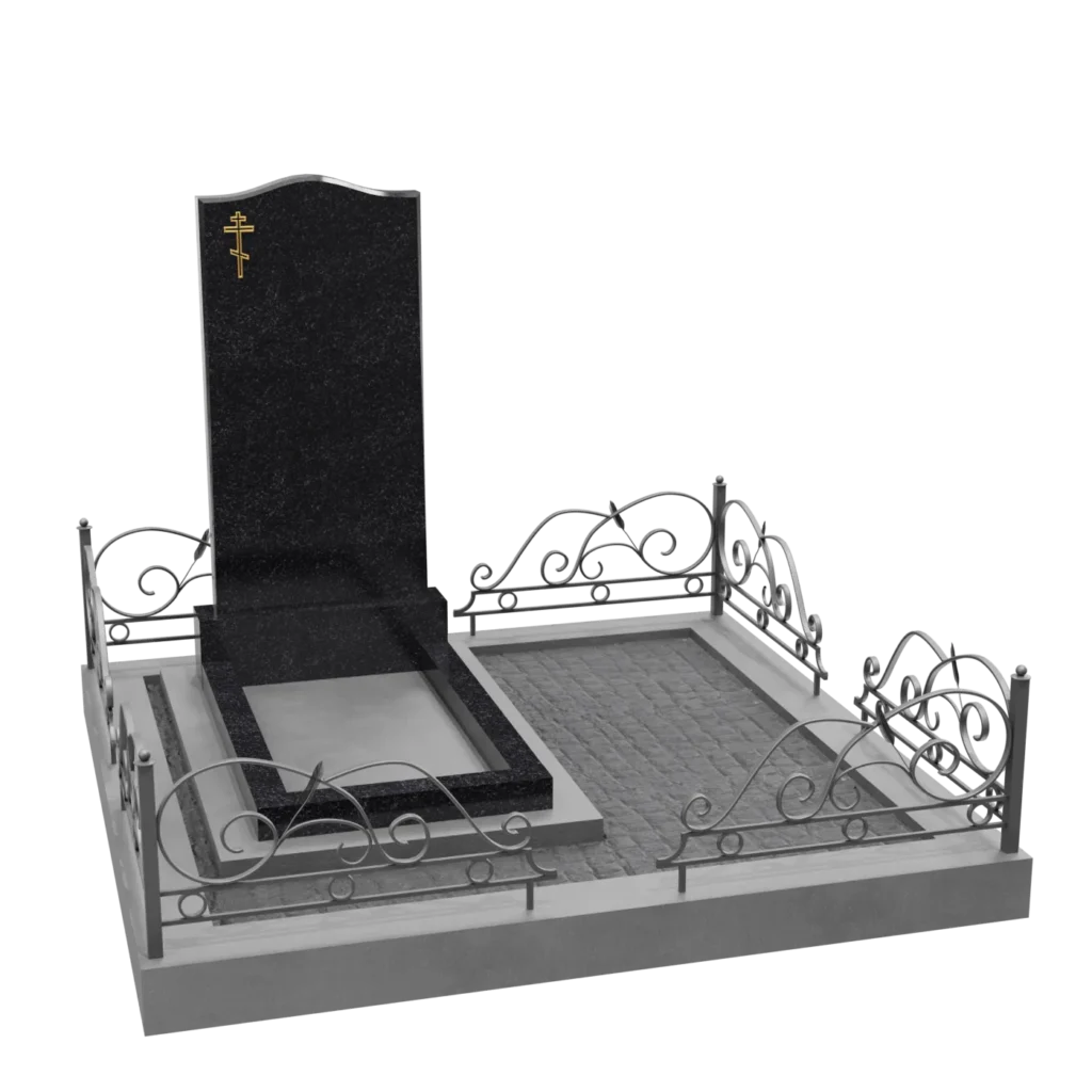 Фигурная вертикальная стела из чёрного гранита с волнистым верхом и золотым православным крестом