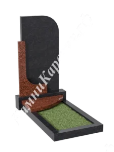 Фигурная вертикальная стела из чёрного гранита со скруглённым углом и красно-коричневой вставкой слева