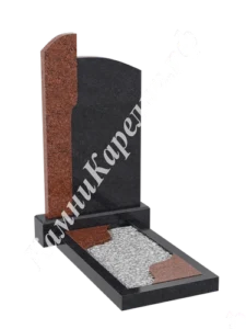 Фигурная вертикальная стела из чёрного гранита с арочным верхом и отдельной красно-коричневой частью слева