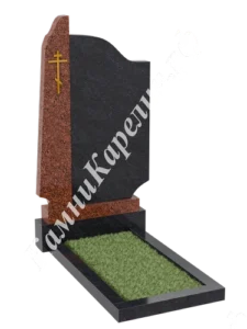 Фигурная составная стела из чёрного и красно-коричневого гранита: на красной части золотой православный крест