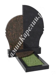 Фигурная составная стела: коричнево-красная часть слева и чёрная справа, обе с закруглёнными верхами