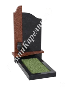 Фигурная стела из чёрного гранита с волнистым верхом и красно-коричневой вставкой слева, с вазой