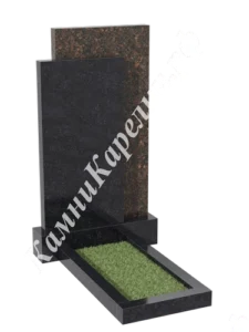 Прямая вертикальная стела из чёрного гранита, позади неё стела из красно-коричневого гранита