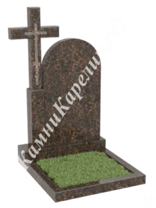 Фигурная стела из красно-коричневого гранита с арочным верхом и крупным латинским крестом слева на колонне