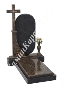 Фигурная овальная стела из чёрного гранита с коричневой колонной и крупным латинским крестом слева