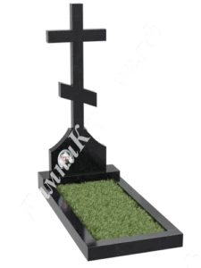 Стела в форме крупного православного креста из чёрного гранита с расширенным основанием и овальным портретом