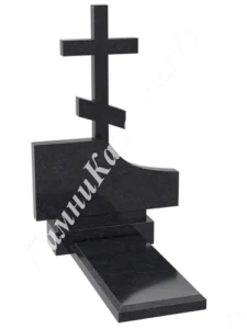Фигурная стела из чёрного гранита с вогнутым срезом справа и крупным православным крестом слева