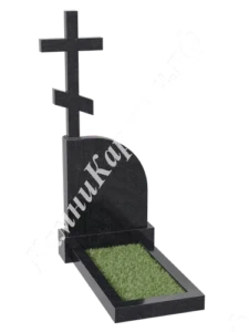 Фигурная стела из чёрного гранита с закруглённым верхом и крупным крестом с короткой нижней перекладиной над ней